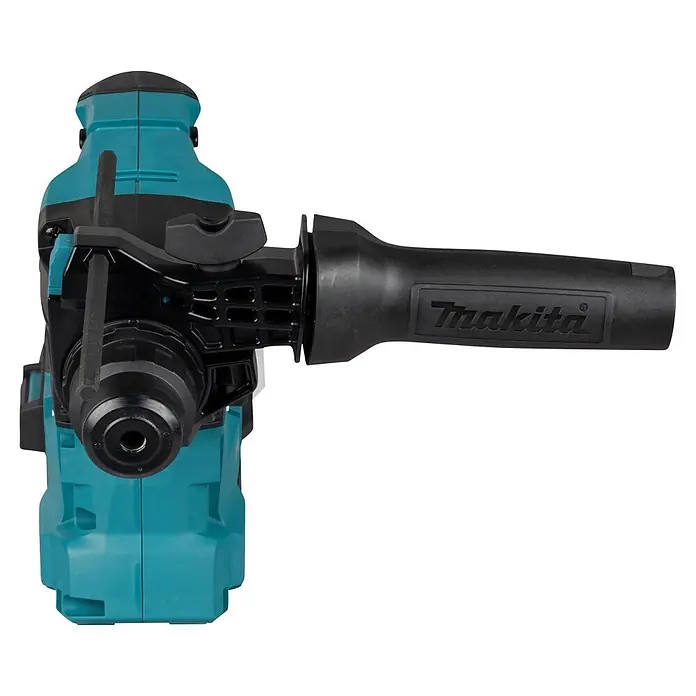 Makita XGT 40V max. Akku-Kombihammer HR011GZ - 40 V, Ohne Akku, 3,3 J - Türkiser und schwarzer Makita Bohrhammer mit Zusatzhandgriff und Makita-Logo, von der Seite gesehen.