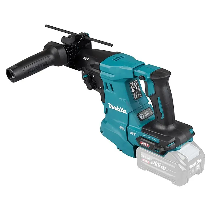 Makita XGT 40V max. Akku-Kombihammer HR011GZ - 40 V, Ohne Akku, 3,3 J - Türkis-schwarzer Makita Akku-Bohrhammer mit schwarzem Zusatzgriff, Tiefenanschlag und XGT 40V max Akku.