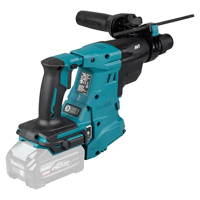 Makita XGT 40V max. Akku-Kombihammer HR011GZ - 40 V, Ohne Akku, 3,3 J - Türkis-schwarzer Makita Akku-Bohrhammer mit grauem Akku.