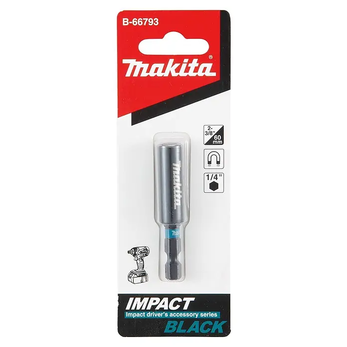 Makita Bithalter B-66793 - Länge: 60 mm, ¼″ - Schwarzer Makita Magnetbithalter für Schlagschrauber, 2-3/8" (60mm) lang mit 1/4" Sechskantschaft.