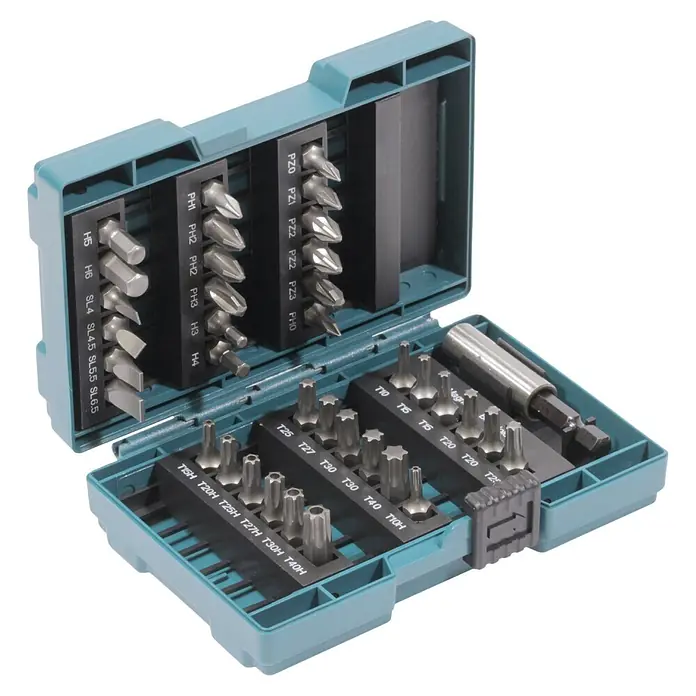 Makita Bit-Set B-28606 - Bitlänge: 25 mm, 37 -tlg. - Ein türkisfarbener Kunststoffkoffer mit einem umfassenden Satz verschiedener Metallschraubendreherbits, inklusive Phillips, Pozidriv, Torx, Inbus und Schlitz, sowie einem Magnethalter.