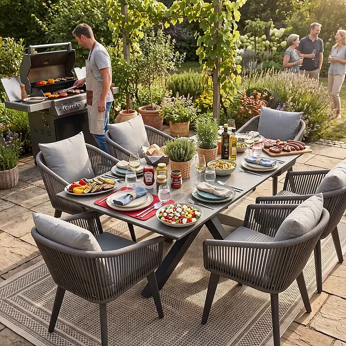 Bene Living Gartentisch-Set Cadiz Almeria - Gesamtumfang: 6 -tlg., Aluminium pulverbeschichtet, Rope-Geflecht, Tischplatte aus gesintertem Stein (Keramik) - Ein dunkelgraues Outdoor-Essset mit seilbespannten Stühlen und passendem Tisch, neben einem Grill, für ein Barbecue im Garten.