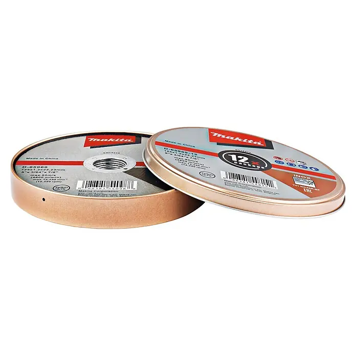 Makita Trennscheibe D-65969-12 - Durchmesser Scheibe: 125 mm, Stärke Scheibe: 1 mm, 12 Stk. - Zwei Makita INOX Trennscheiben, silber mit roten Akzenten, in einer runden Metalldose. Produktspezifikationen sind sichtbar.