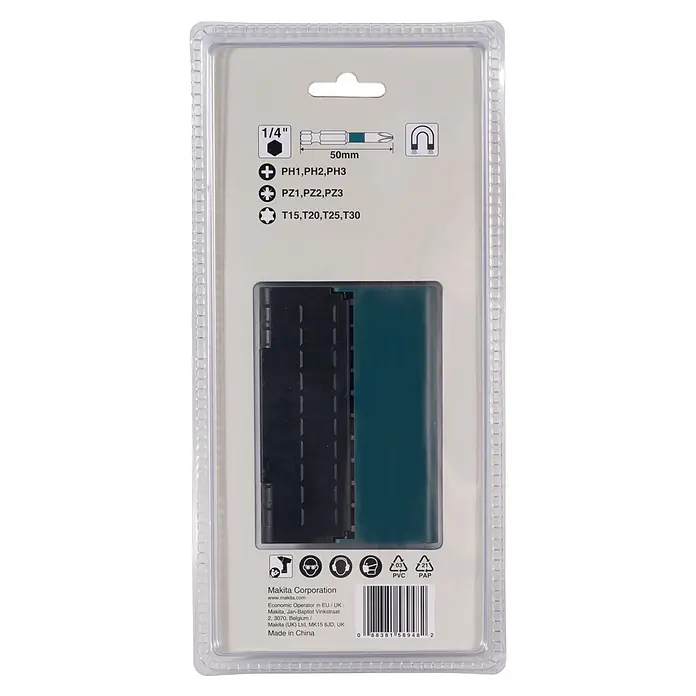 Makita Bit-Set Impact Black E-12011 - Bitlänge: 50 mm - Schrauberbit-Set in Blisterverpackung. Enthält magnetische 50 mm Bits mit 1/4" Sechskantantrieb, Phillips, Pozi, Torx, in schwarzer/türkiser Halterung.