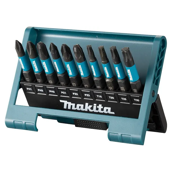 Makita Bit-Set Impact Black E-12011 - Bitlänge: 50 mm - Makita Schrauberbit-Satz in türkisfarbenem Halter, mit Phillips-, Pozidriv- und Torx-Bits.