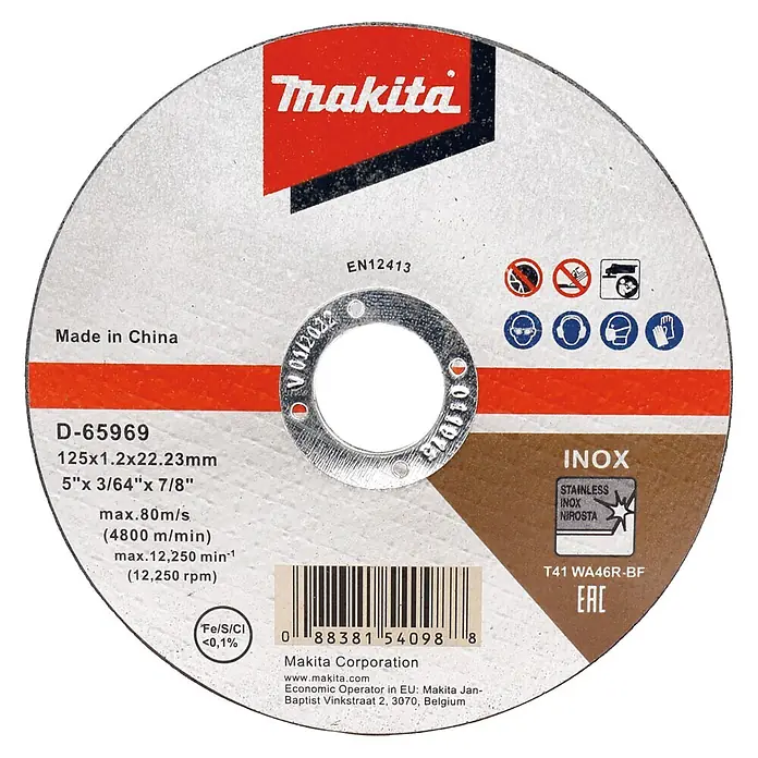 Makita Trennscheibe D-65969-12 - Durchmesser Scheibe: 125 mm, Stärke Scheibe: 1 mm, 12 Stk. - Makita D-65969 125mm Trennscheibe für Edelstahl (INOX), mit rotem und grauem Branding sowie Sicherheitssymbolen.