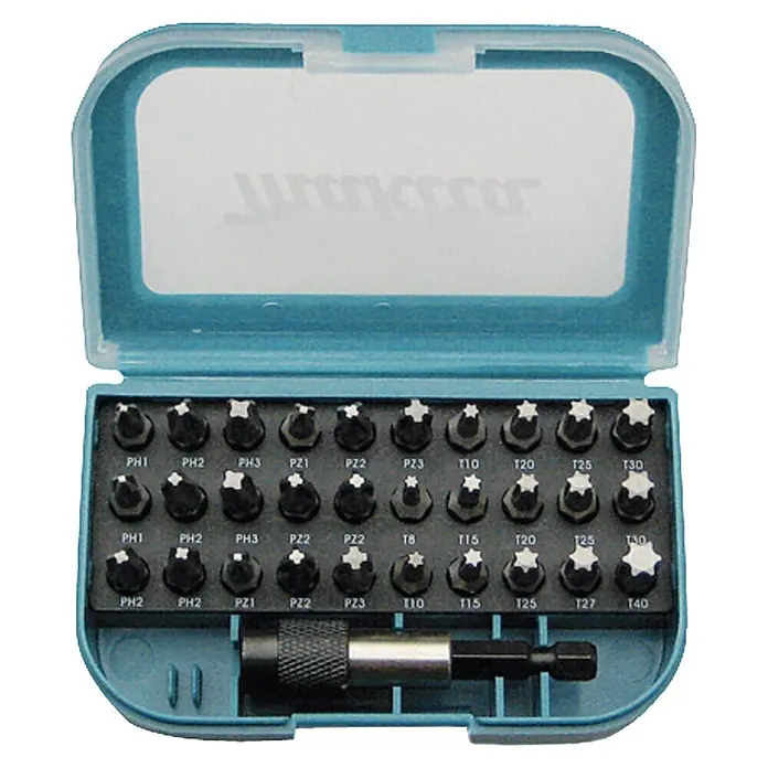 Makita Bit-Set P-73374 - 31 -tlg., Bitlänge: 25 mm - Türkiser Kasten mit Schraubendreher-Bitsatz, inkl. Phillips, Pozi, Torx und Magnethalter.