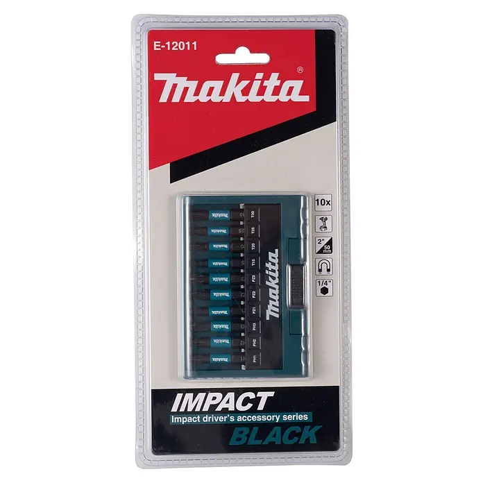 Makita Bit-Set Impact Black E-12011 - Bitlänge: 50 mm - Makita E-12011 IMPACT BLACK 10-teiliges Schlagbohrschrauber-Bit-Set mit Bits und magnetischem Halter.