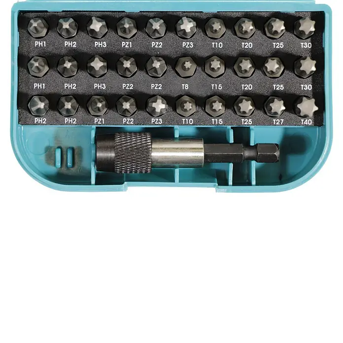 Makita Bit-Set P-73374 - 31 -tlg., Bitlänge: 25 mm - Ein Schraubendreher-Bit-Set in einer türkisen Kunststoffbox, mit verschiedenen Kreuzschlitz-, Pozi- und Torx-Bits sowie einem Bithalter.