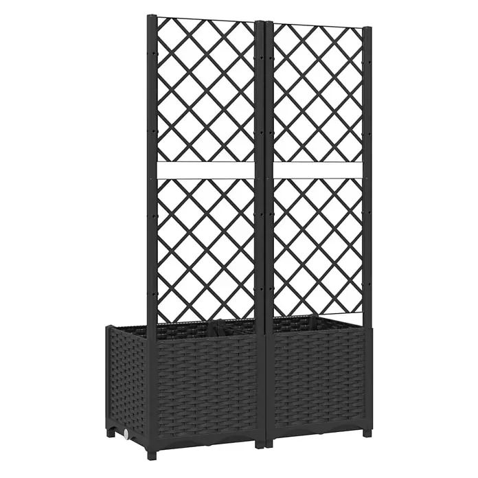 Furnicato Hochbeet - 40 x 80 x 136 cm, Kunststoff, Schwarz - Zwei dunkelgraue Pflanzgefäße in Rattanoptik mit integrierten Spalieren für Kletterpflanzen.