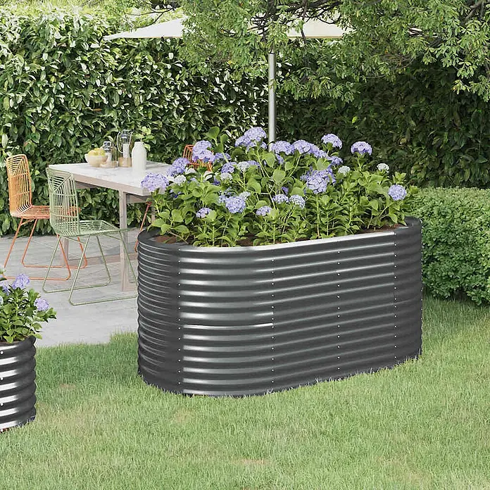 Furnicato Hochbeet - 152 x 80 x 68 cm, Stahl, Anthrazit - Dunkelgraues Hochbeet aus Wellblech mit lila Hortensien im Garten.