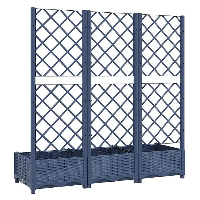 Furnicato Hochbeet - 40 x 120 x 121,5 cm, Kunststoff, Blaugrau - Blauer Kunststoff-Pflanzkasten mit Rattan-Optik und drei Spalieren für Kletterpflanzen.