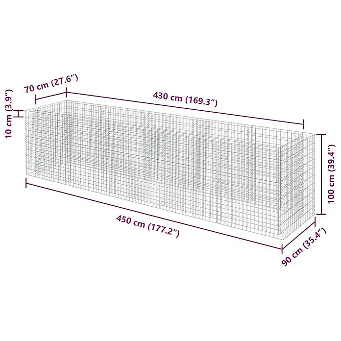 Furnicato Hochbeet - 450 x 90 x 100 cm, Stahl, Silber - Rechteckiger Drahtgitter-Gabionenkasten aus grauem Metall mit Maßen.