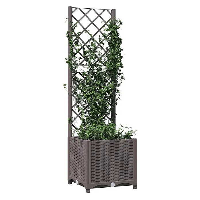 Furnicato Hochbeet - 40 x 40 x 136 cm, Kunststoff, Braun - Brauner Pflanzkübel in Rattanoptik mit integriertem Spalier, bewachsen mit grünen Kletterpflanzen.