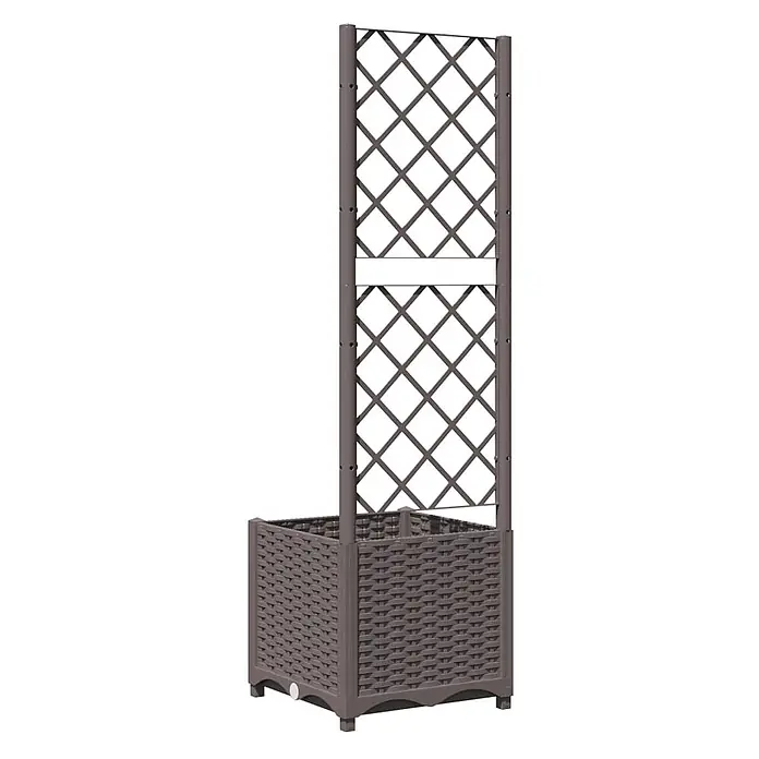 Furnicato Hochbeet - 40 x 40 x 136 cm, Kunststoff, Braun - Dunkelbrauner Blumenkübel in Rattan-Optik mit integriertem Rankgitter im Rautenmuster, ideal für Kletterpflanzen.