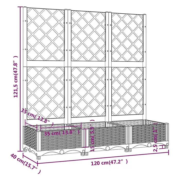 Furnicato Hochbeet - 40 x 120 x 121,5 cm, Kunststoff, Schwarz - Rechteckiger Gartenkübel mit drei Fächern und einem integrierten Rankgitter für Kletterpflanzen.