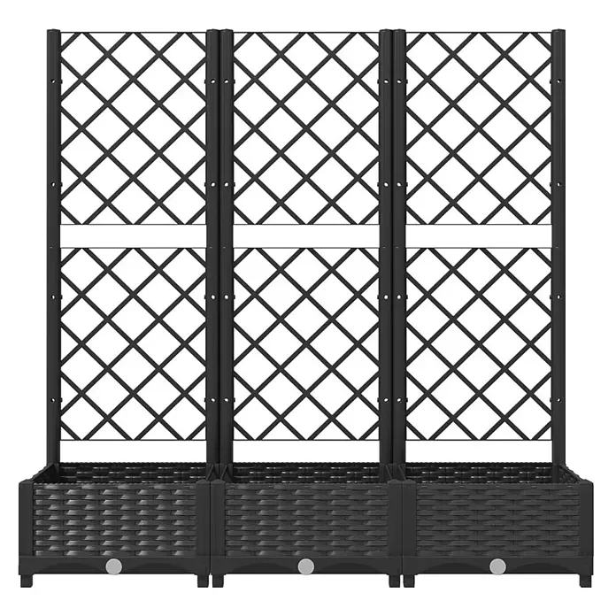 Furnicato Hochbeet - 40 x 120 x 121,5 cm, Kunststoff, Schwarz - Drei dunkelgraue Pflanzkästen in Rattanoptik mit integrierten Spalieren in Rautenmuster für Kletterpflanzen.