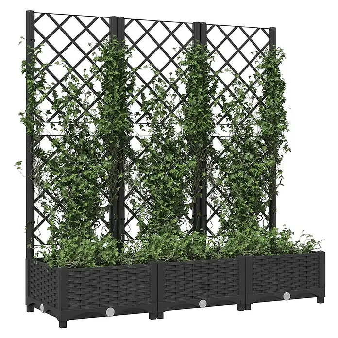 Furnicato Hochbeet - 40 x 120 x 121,5 cm, Kunststoff, Schwarz - Drei schwarze modulare Pflanzkübel mit integrierten Spalieren, die üppige grüne Kletterpflanzen tragen.