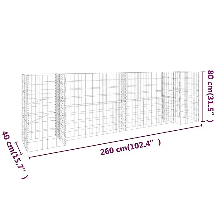 Furnicato Hochbeet - 40 x 260 x 80 cm, Stahl, Silber - Ein langer, rechteckiger Drahtgeflecht-Gabionenzaun mit den Maßen 260 cm Länge, 80 cm Höhe und 40 cm Tiefe.