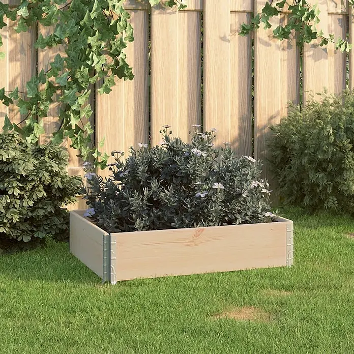 Furnicato Hochbeet - 60 x 80 x 19 cm, Holz, Braun - Helles Hochbeet aus Holz, bepflanzt, in einem Garten.
