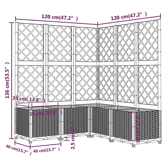 Furnicato Hochbeet - 120 x 120 x 136 cm, Kunststoff, Braun - Graues Kunststoff-Rattan-Eckhochbeet mit weißem Spalier und Maßen.