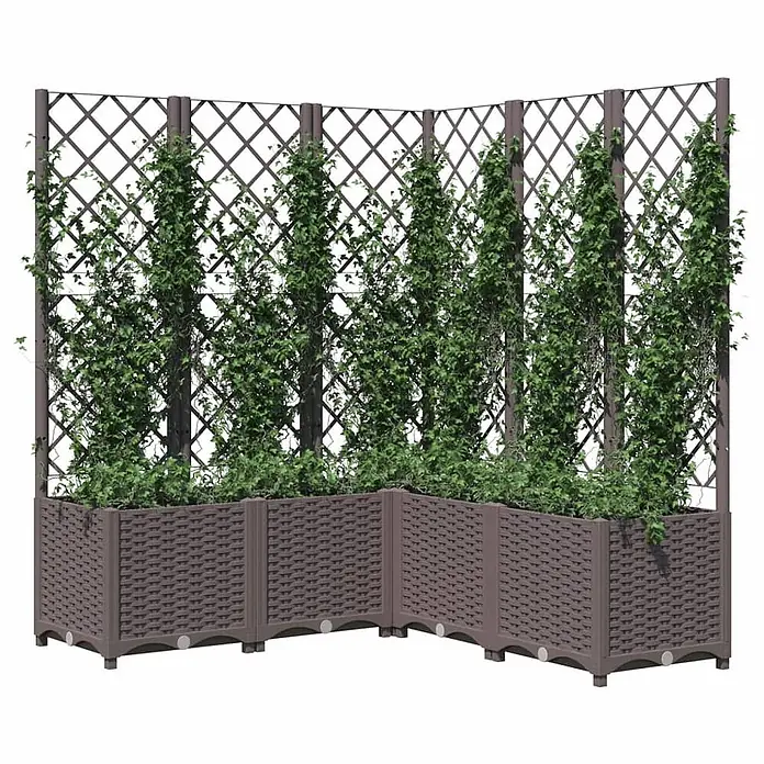 Furnicato Hochbeet - 120 x 120 x 136 cm, Kunststoff, Braun - Dunkelbrauner Eckpflanzer mit Spalier, gefüllt mit grünen Kletterpflanzen.