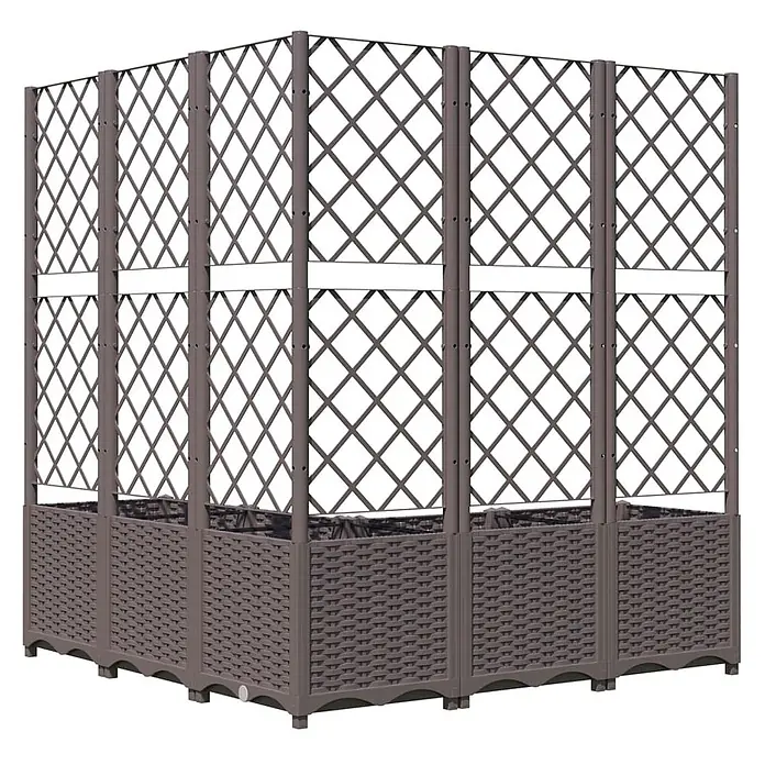 Furnicato Hochbeet - 120 x 120 x 136 cm, Kunststoff, Braun - Dunkelbrauner Blumenkasten in Rattan-Optik mit integriertem Rankgitter für Kletterpflanzen.