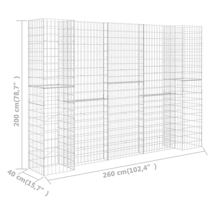 Furnicato Hochbeet - 40 x 260 x 200 cm, Stahl, Silber - Drahtgitter-Gabionenwandstruktur, 200 cm hoch, 260 cm breit und 40 cm tief.