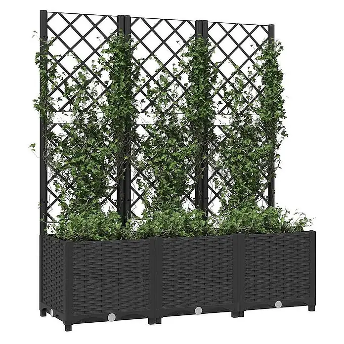Furnicato Hochbeet - 40 x 120 x 136 cm, Kunststoff, Schwarz - Drei schwarze Pflanzkästen in Rattan-Optik mit integrierten Rankgittern und Kletterpflanzen.
