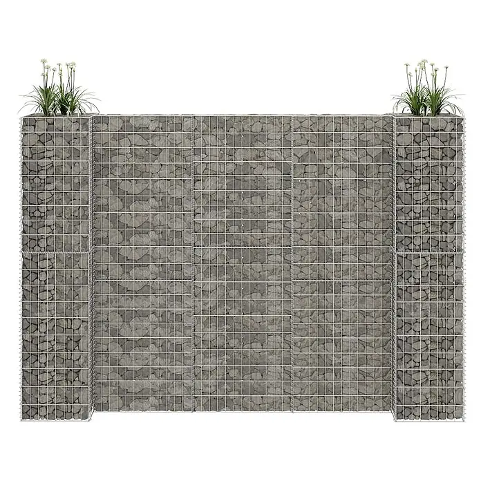 Furnicato Gabione - 40 x 260 x 200 cm, Stahl - Gabionenwandelemente aus Drahtgeflecht, mit Steinen gefüllt und integrierten Pflanzgefäßen oben an den Enden.