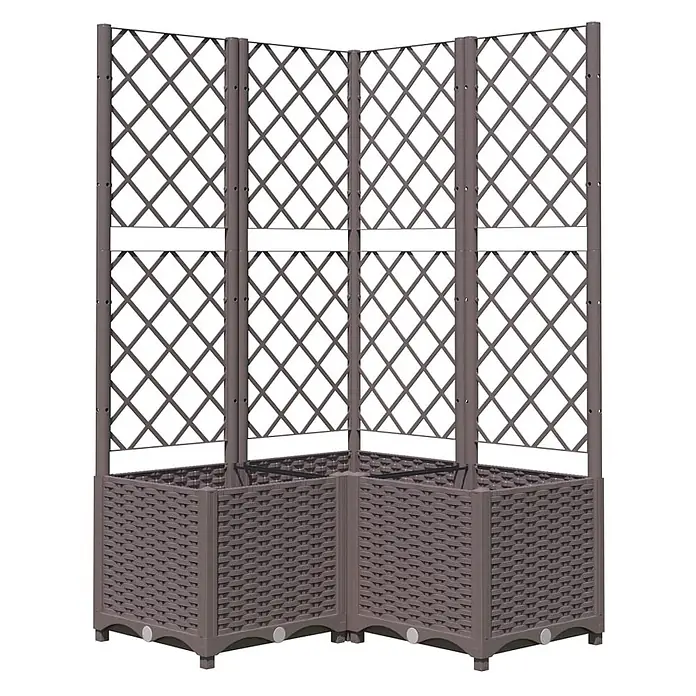 Furnicato Hochbeet - 80 x 80 x 136 cm, Kunststoff, Braun - Dunkelbrauner Eckpflanzkübel mit Rattan-Optik und integrierten Spalieren für Kletterpflanzen.