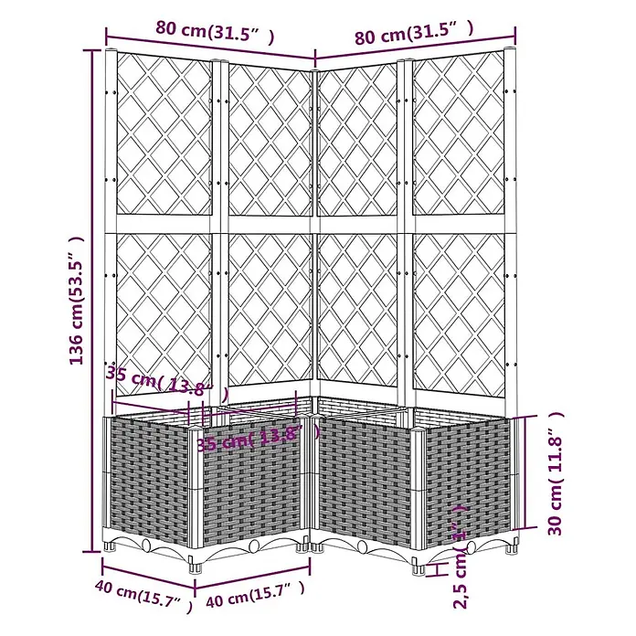 Furnicato Hochbeet - 80 x 80 x 136 cm, Kunststoff, Braun - Eckpflanzkasten mit integriertem Spalier, Basis in Rattan-Optik und Holzgitter oben.