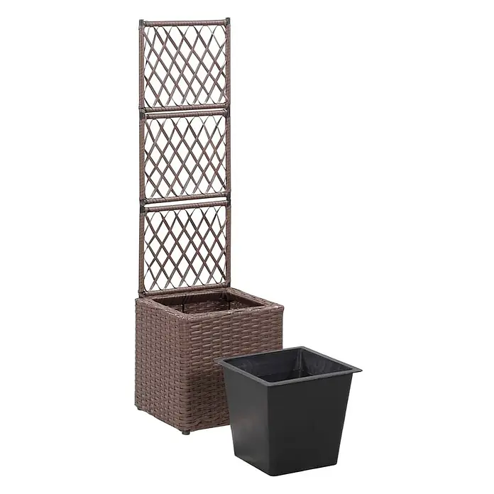 Furnicato Hochbeet - 30 x 30 x 107 cm, Kunststoff, Braun - Braunes Pflanzgefäß in Rattan-Optik mit dreiteiligem Spalier und separatem schwarzem Kunststoffeinsatz.