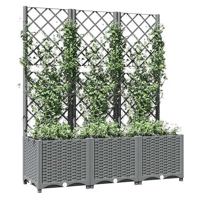 Furnicato Hochbeet - 40 x 120 x 136 cm, Kunststoff, Hellgrau - Grauer Pflanzkasten in Rattan-Optik mit integriertem Spalier und Kletterpflanzen.