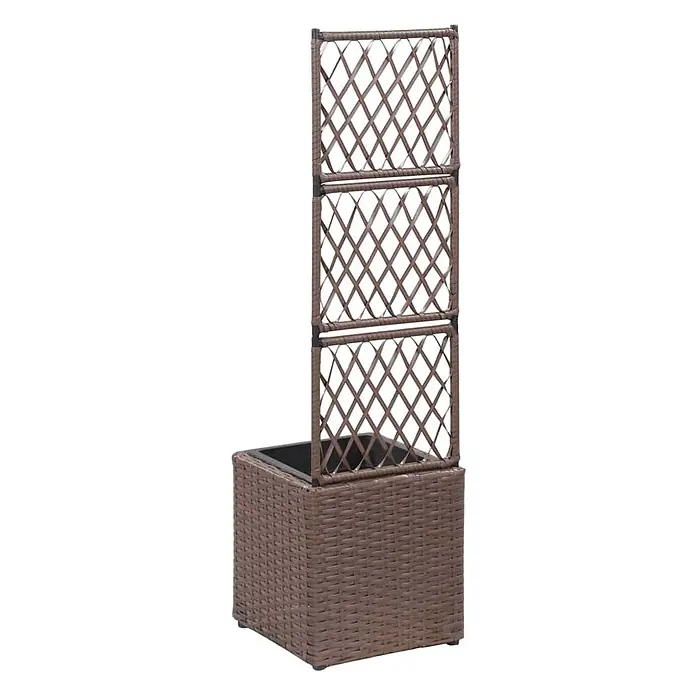 Furnicato Hochbeet - 30 x 30 x 107 cm, Kunststoff, Braun - Braunes Rattan-Pflanzgefäß mit integriertem Spalier für Kletterpflanzen.