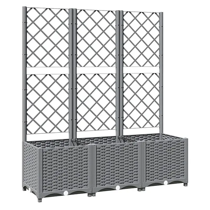 Furnicato Hochbeet - 40 x 120 x 136 cm, Kunststoff, Hellgrau - Graues Kunststoff-Hochbeet in Rattanoptik mit drei integrierten Rankgittern im Rautenmuster.