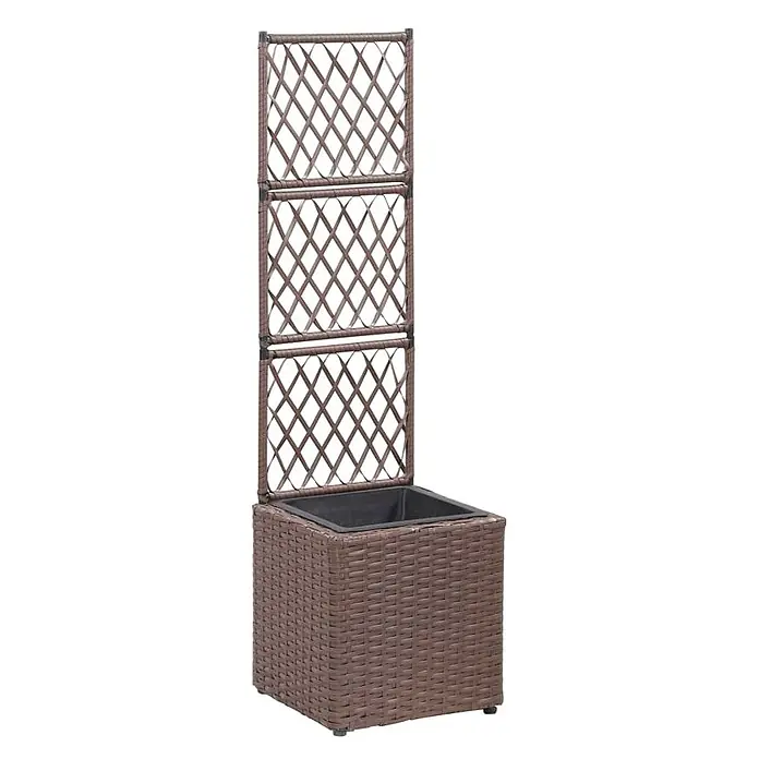 Furnicato Hochbeet - 30 x 30 x 107 cm, Kunststoff, Braun - Brauner Polyrattan-Pflanzkübel mit integriertem dreistufigen Spalier für Kletterpflanzen.
