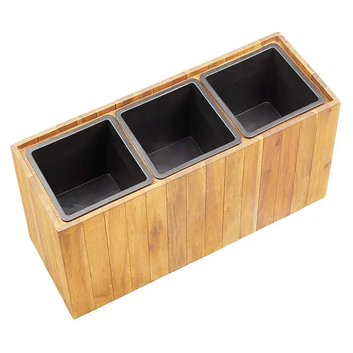 Furnicato Hochbeet - 66,5 x 25 x 35 cm, Holz, Braun - Rechteckiger Pflanzkasten aus Holz mit drei schwarzen Kunststoffeinsätzen.