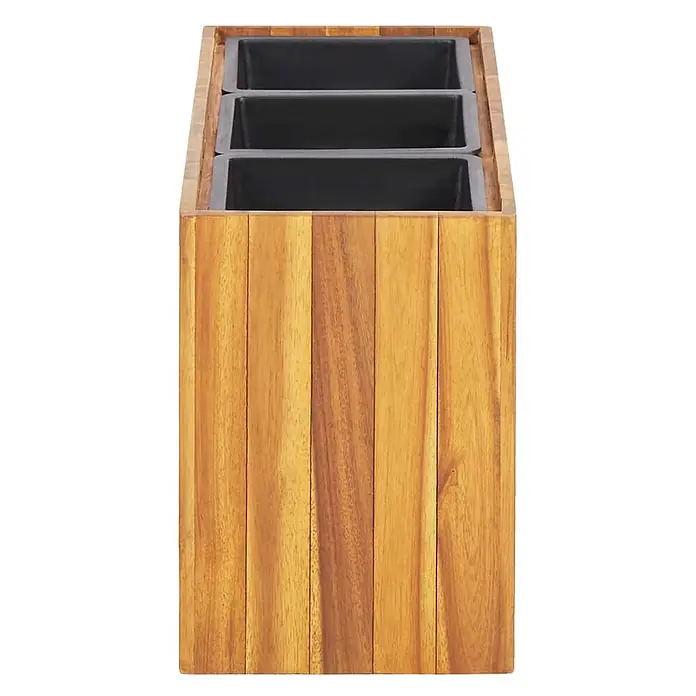 Furnicato Hochbeet - 66,5 x 25 x 35 cm, Holz, Braun - Pflanzgefäß aus Akazienholz mit drei schwarzen, rechteckigen Kunststoffeinsätzen.