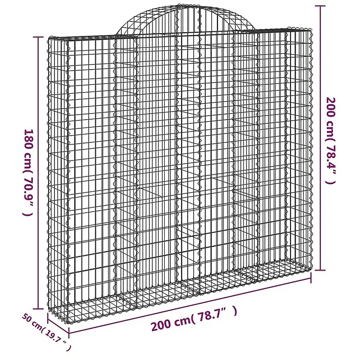 Furnicato Gabione - 50 x 200 x 200 cm, Metall, Maschenbreite: 50 mm, Maschenhöhe: 100 mm - Schwarzer Gabionenkorb aus Metallgeflecht mit gewölbter Oberseite, Maße 200x50x200 cm (Länge x Tiefe x Gesamthöhe).