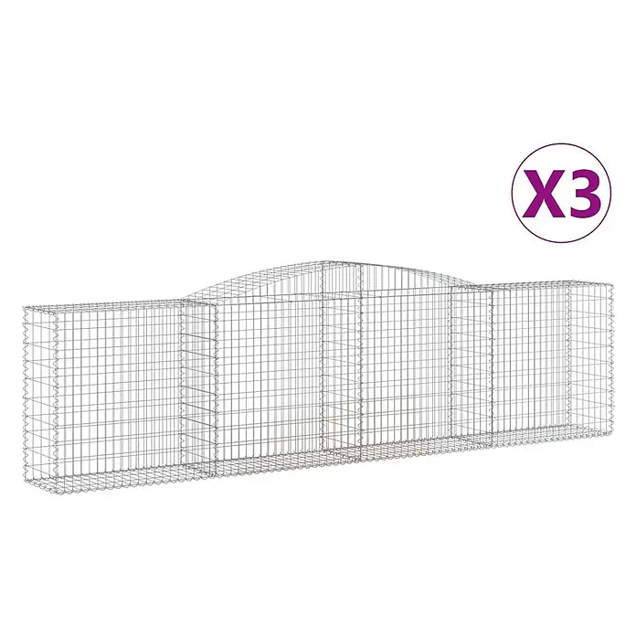 Furnicato Gabione - 120 x 400 x 50 cm, Metall, Maschenbreite: 50 mm, Maschenhöhe: 100 mm - Set aus drei silberfarbenen Drahtgitter-Gabionenkörben, die eine lange, geschwungene Struktur für die Landschaftsgestaltung bilden.