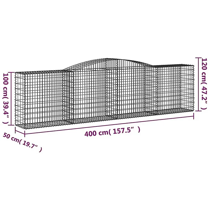 Furnicato Gabione - 120 x 400 x 50 cm, Metall, Maschenbreite: 50 mm, Maschenhöhe: 100 mm - Langer, rechteckiger Metalldraht-Gabionenkorb mit gewellter Bogenoberseite, Maße angegeben.