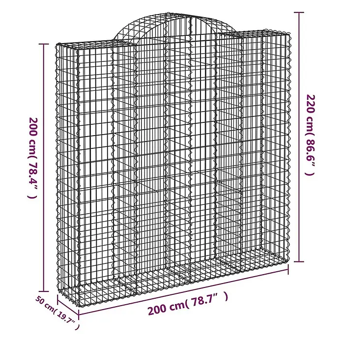 Furnicato Gabione - 50 x 200 x 220 cm, Metall, Maschenbreite: 50 mm, Maschenhöhe: 100 mm - Rechteckiger dunkelgrauer Drahtgitter-Gabionenkorb mit einem mittigen Bogen, Maße angegeben.