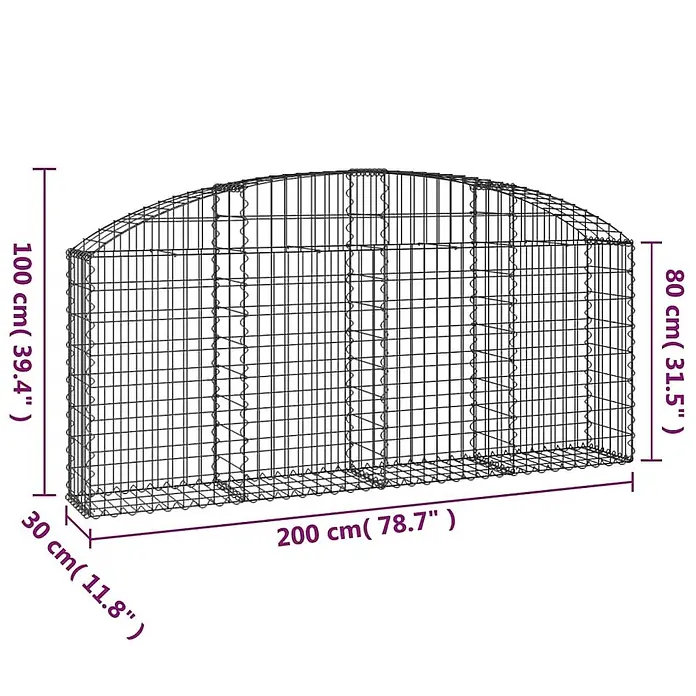 Furnicato Gabione - 100 x 200 x 30 cm, Metall, Maschenbreite: 50 mm, Maschenhöhe: 100 mm - Drahtgeflecht-Gabionenkorb, 200x30 cm, mit gewölbter Oberseite und Höhen von 100 cm (links) und 80 cm (rechts), für die Gartengestaltung.