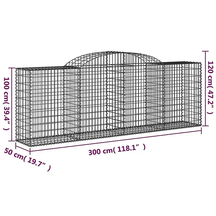 Furnicato Gabione - 50 x 300 x 120 cm, Metall, Maschenbreite: 50 mm, Maschenhöhe: 100 mm - Großes schwarzes Drahtgitter-Freigehege mit gewölbtem Dach, 300 cm lang, 50 cm breit und bis zu 120 cm hoch.