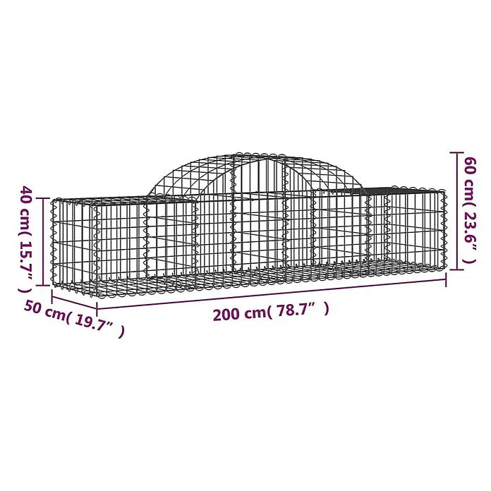 Furnicato Gabione - 50 x 200 x 60 cm, Metall, Maschenbreite: 50 mm, Maschenhöhe: 100 mm - Dunkelgrauer Drahtgeflecht-Gabionenkorb, 200x50 cm, mit 40 cm hohem Rechtecksockel und 60 cm hohem Bogenteil.