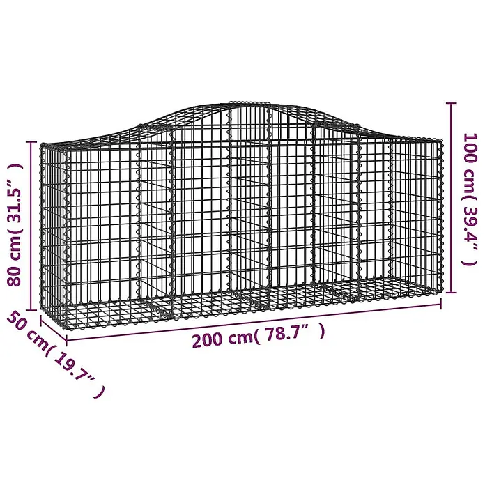 Furnicato Gabione - 50 x 200 x 100 cm, Metall, Maschenbreite: 50 mm, Maschenhöhe: 100 mm - Dunkelgrauer Drahtgitter-Gabionenkorb mit gewölbter Oberseite und Maßen von 200x50x80/100 cm.