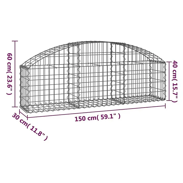 Furnicato Gabione - 30 x 150 x 60 cm, Metall, Maschenbreite: 50 mm, Maschenhöhe: 100 mm - Gabionenkorb aus Metallgeflecht mit gewölbter Oberseite und rechteckigem Boden, Maße abgebildet.