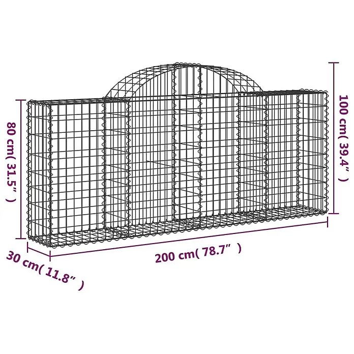 Furnicato Gabione - 100 x 200 x 30 cm, Metall, Maschenbreite: 50 mm, Maschenhöhe: 100 mm - Dunkelgrauer Drahtgitter-Gabionenkorb mit gewölbter Oberseite und Maßen für Länge, Breite und zwei Höhen.