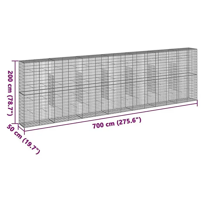 Furnicato Gabione - 700 x 50 x 200 cm, Metall, Maschenbreite: 50 mm, Maschenhöhe: 100 mm - Langer rechteckiger Gabionenkorb aus Drahtgeflecht, 700x50x200 cm, für Gartenmauern oder Landschaftsgestaltung.